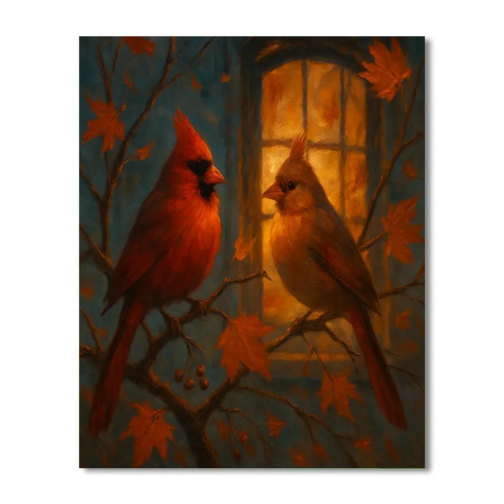 Autumn Window Glow With Velvet Cardinals paint by numbers