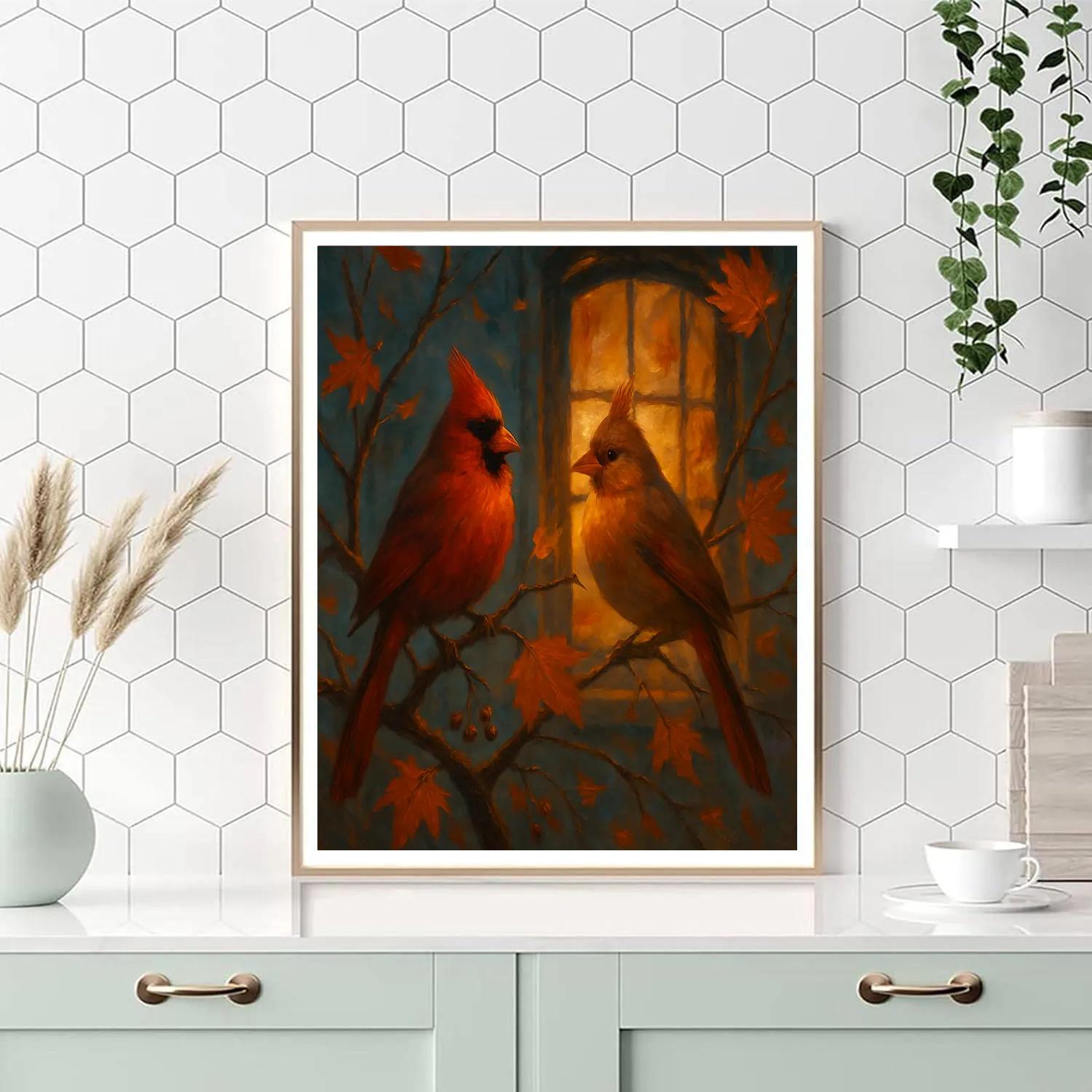 Autumn Window Glow With Velvet Cardinals paint by numbers