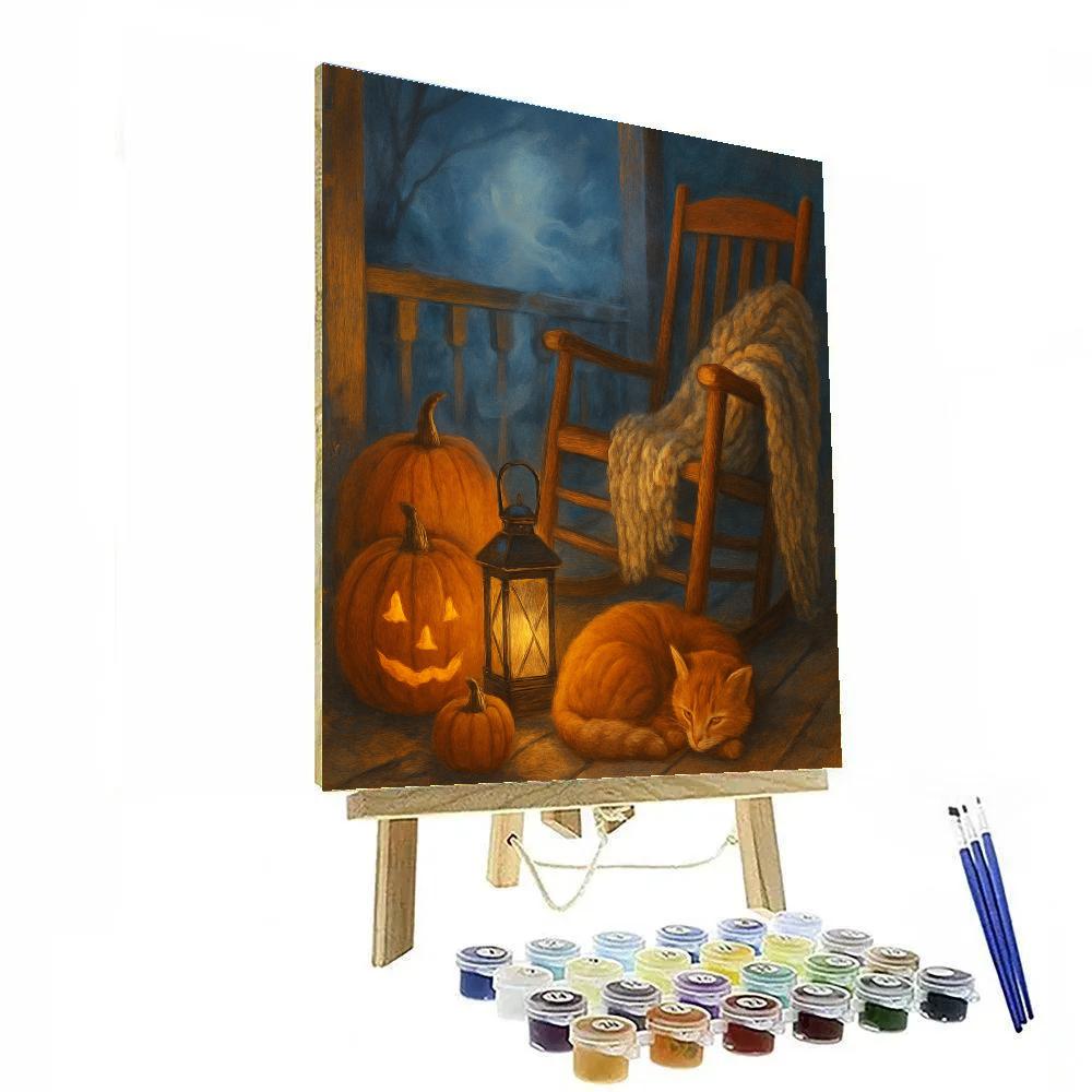Moonlit Porch With Knit Blankets And Pumpkins painting number kit