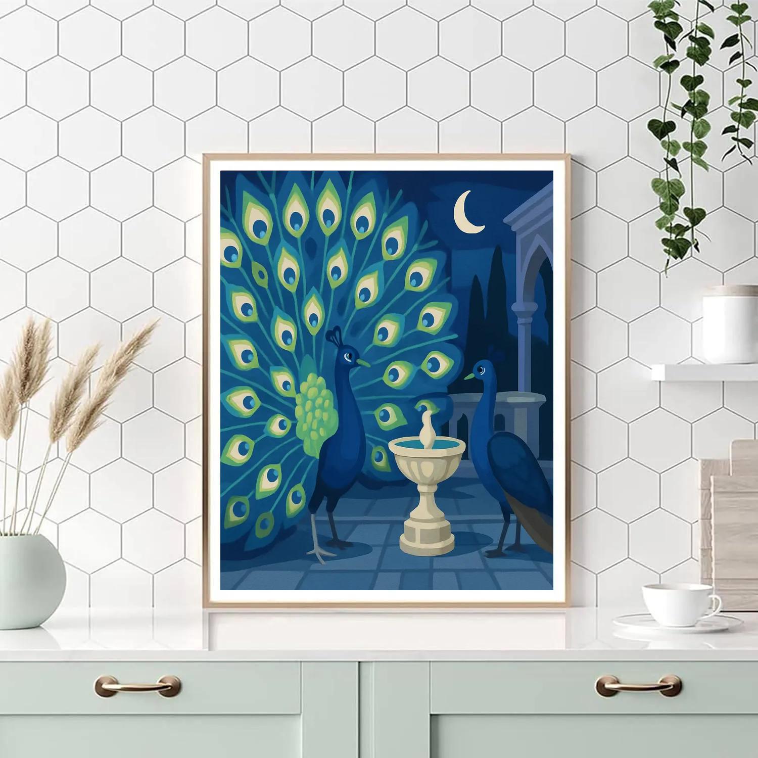 Moonlit Terrace With Peacock Courtship Numbered painting kits