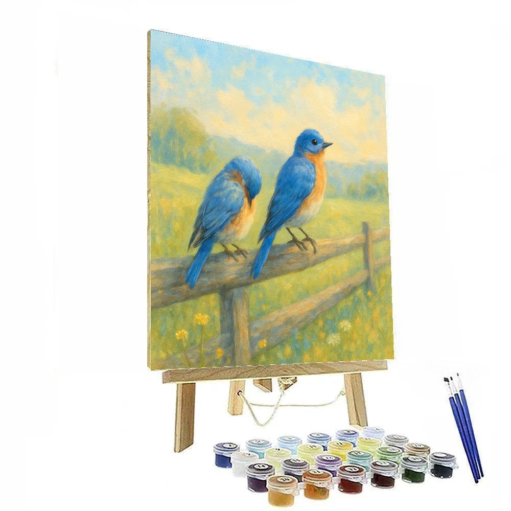 Bluebirds On The Sunlit Split Rail Fence DIY paint by numbers