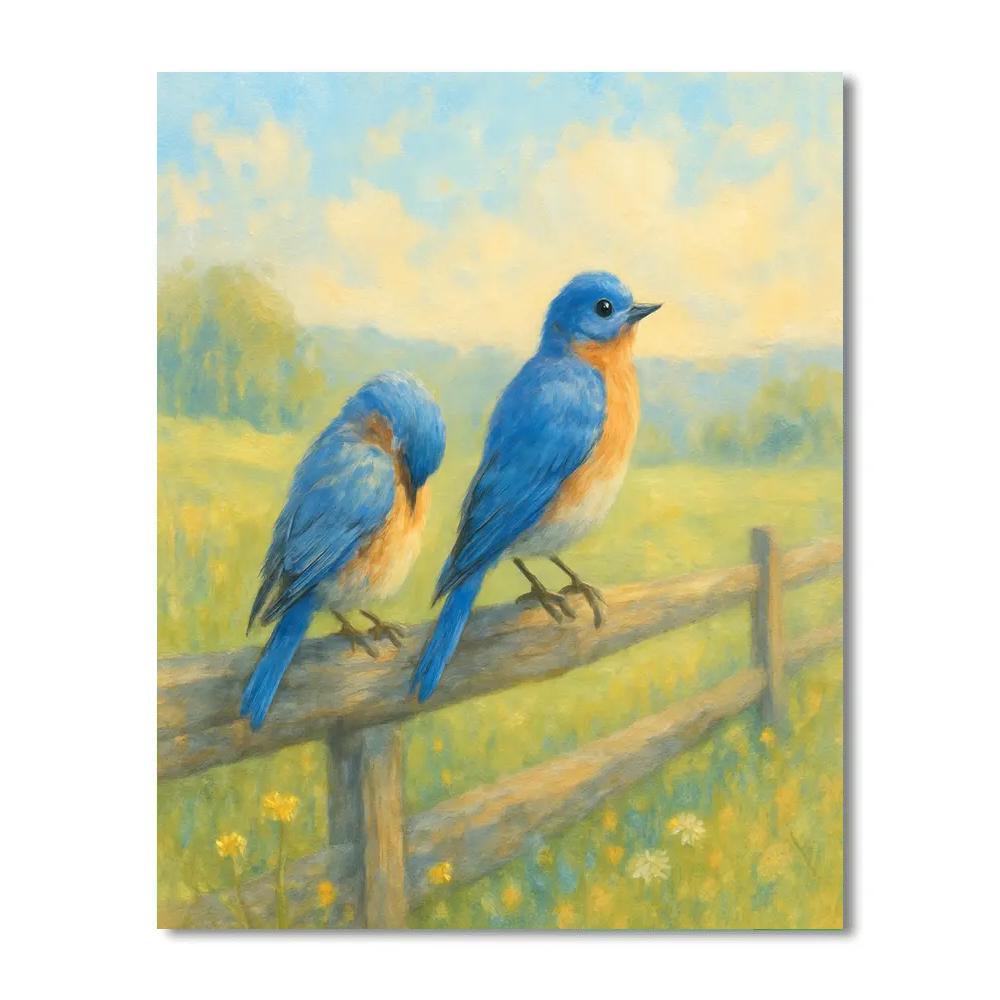 Bluebirds On The Sunlit Split Rail Fence DIY paint by numbers