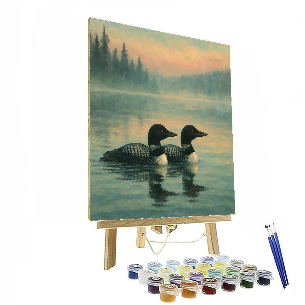 Loons On The Mist Glass Lake Painting by numbers kit