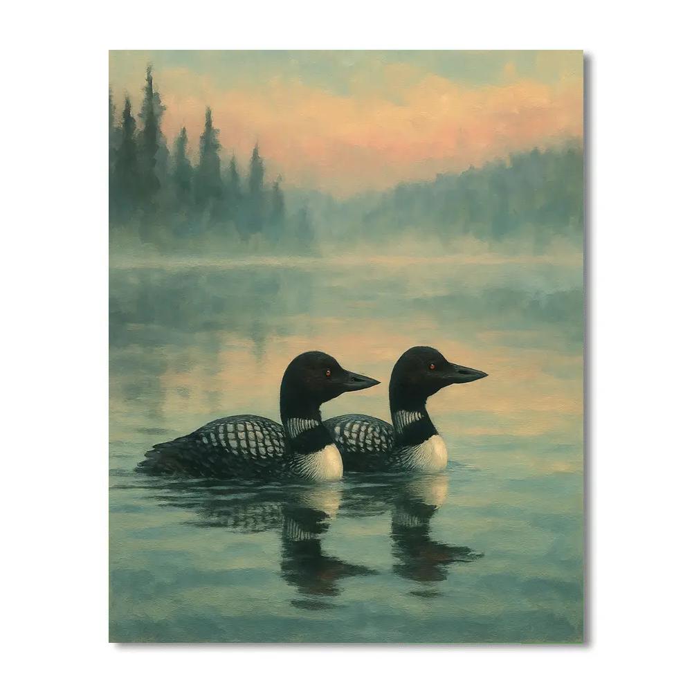 Loons On The Mist Glass Lake Painting by numbers kit