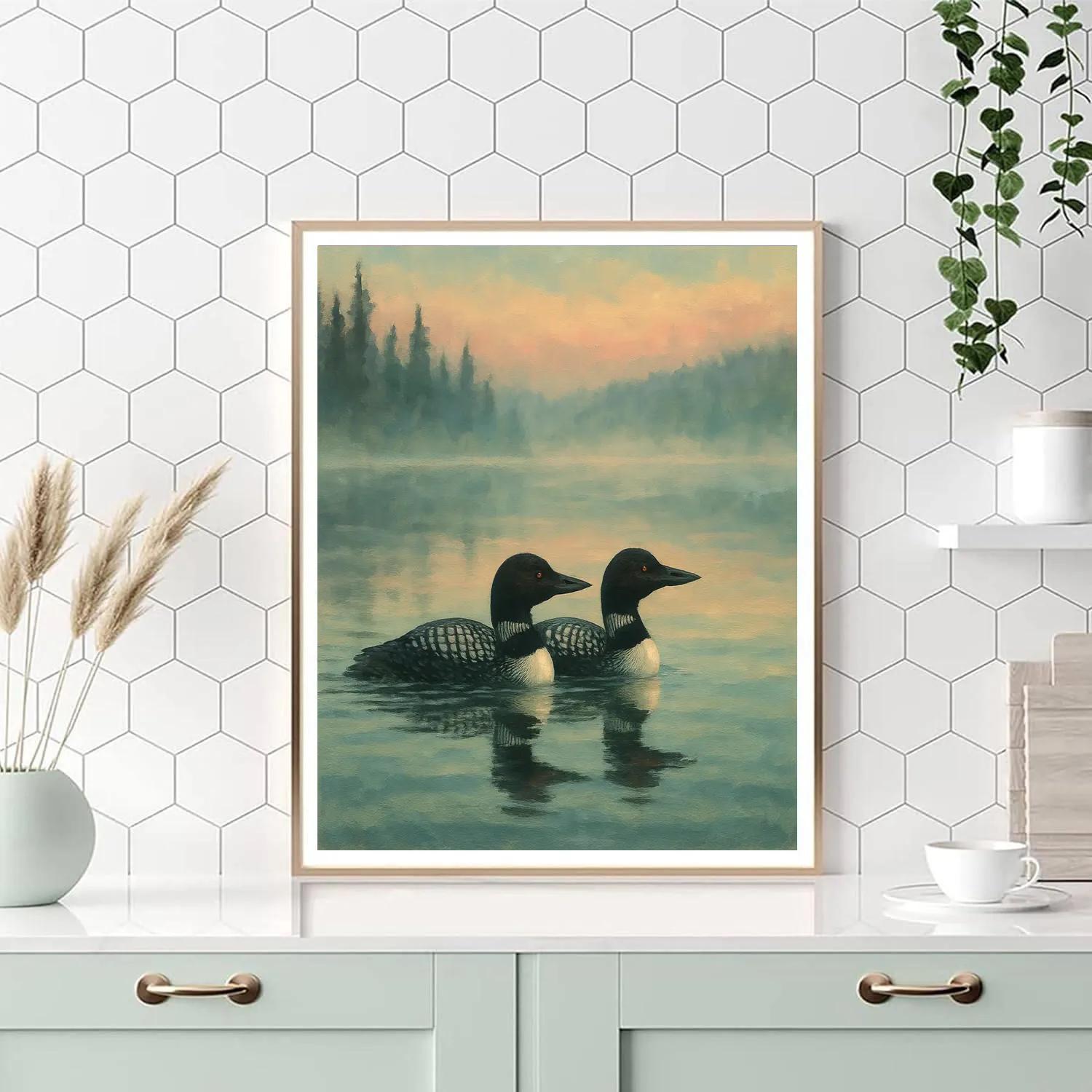 Loons On The Mist Glass Lake Painting by numbers kit