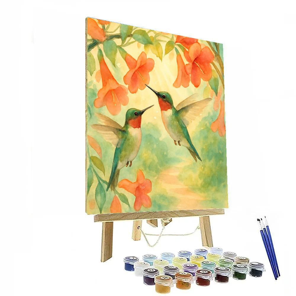 Hummingbirds In A Cozy Coral Bloom Arbor paint by number