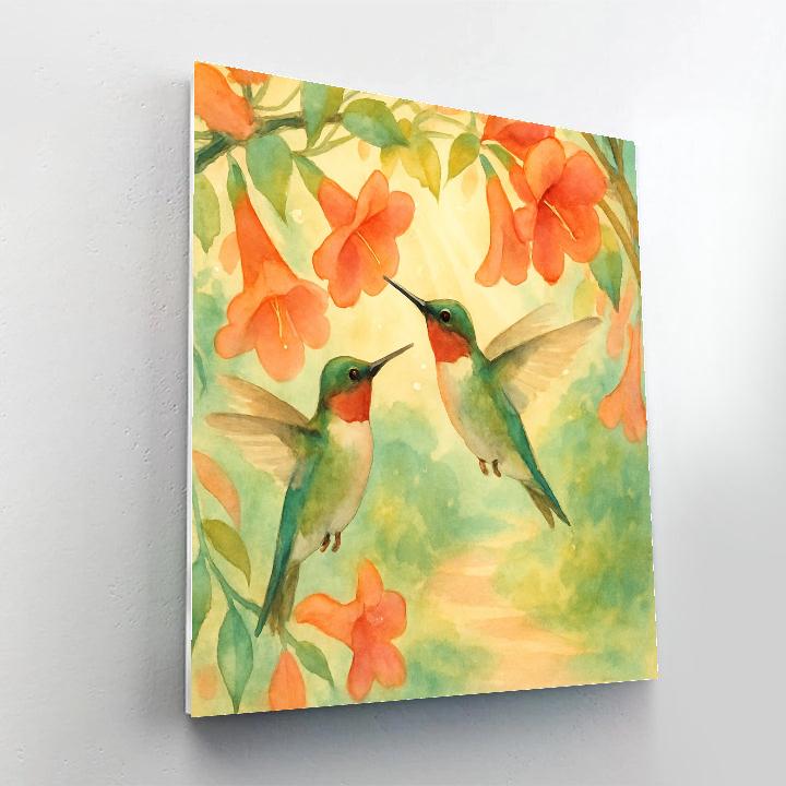 Hummingbirds In A Cozy Coral Bloom Arbor paint by number