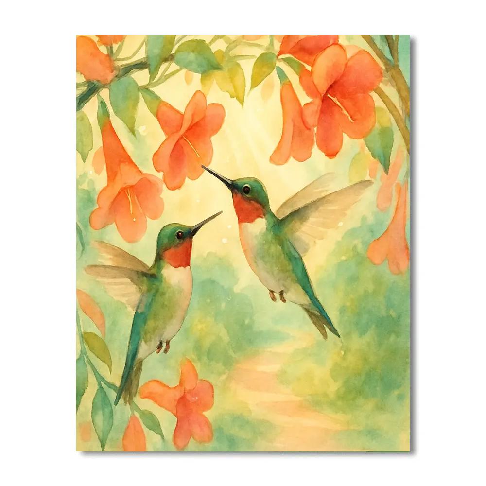 Hummingbirds In A Cozy Coral Bloom Arbor paint by number