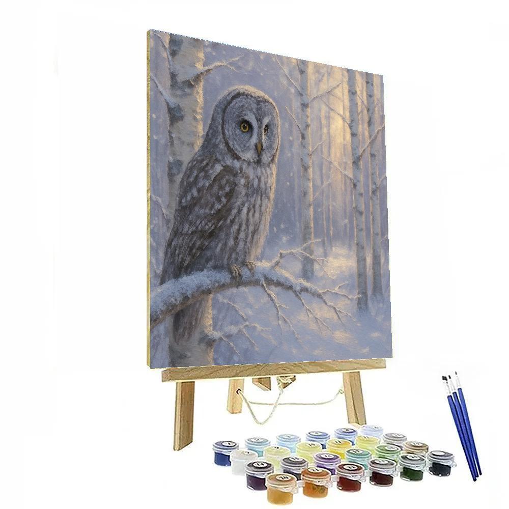 Snowy Hollow With A Patient Great Gray Owl paint by color