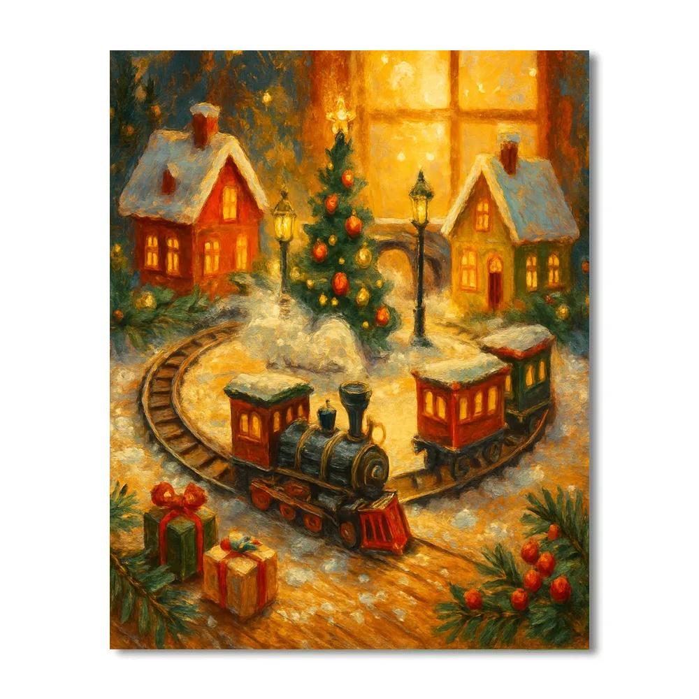 Golden Sunrise Over Toy Train Village Paint by numbers kits