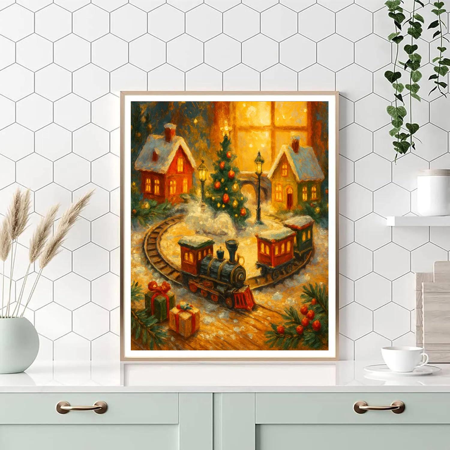 Golden Sunrise Over Toy Train Village Paint by numbers kits