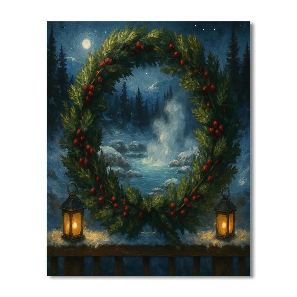Snowy Mountain Hot Springs Wreath paint by numbers