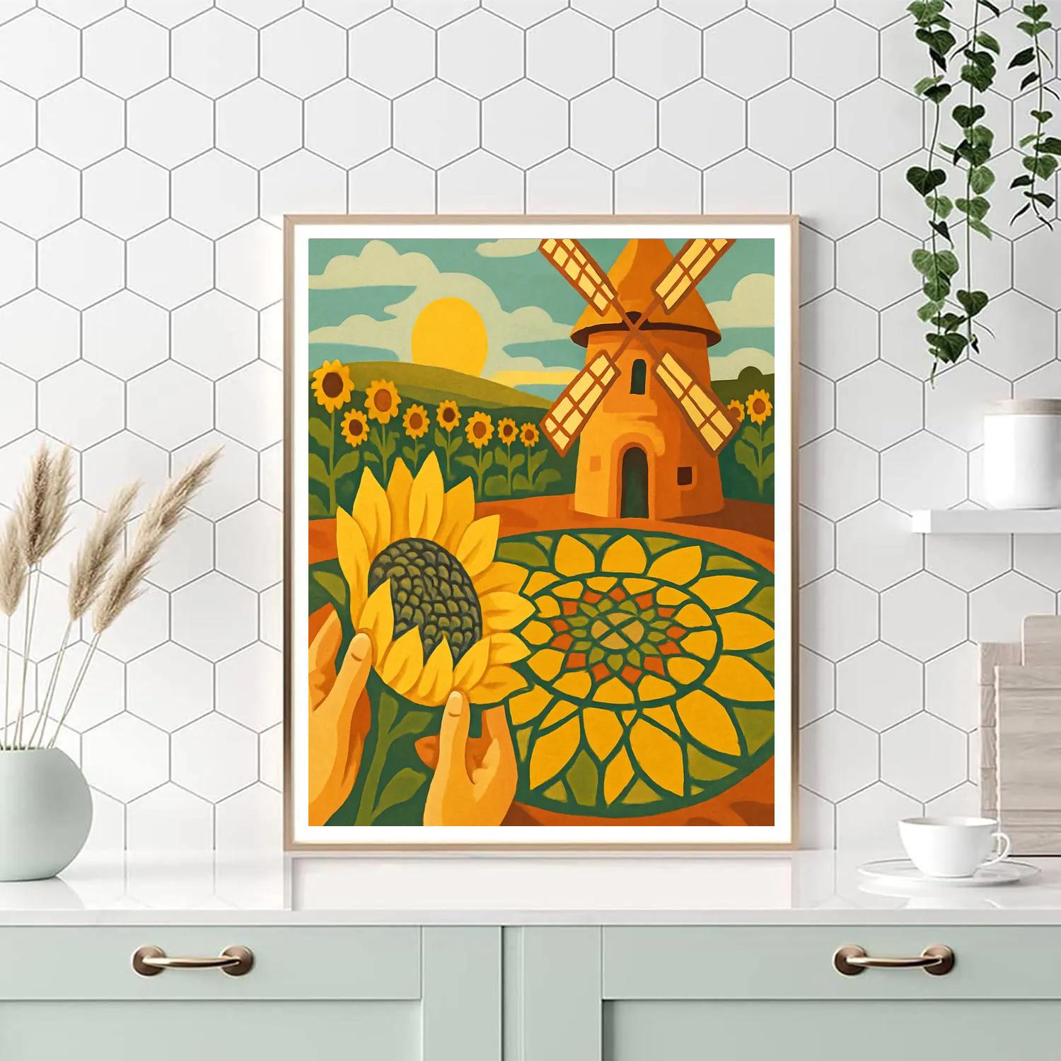 Windmill Workshop With Sunflower Mosaic Numbered painting kits