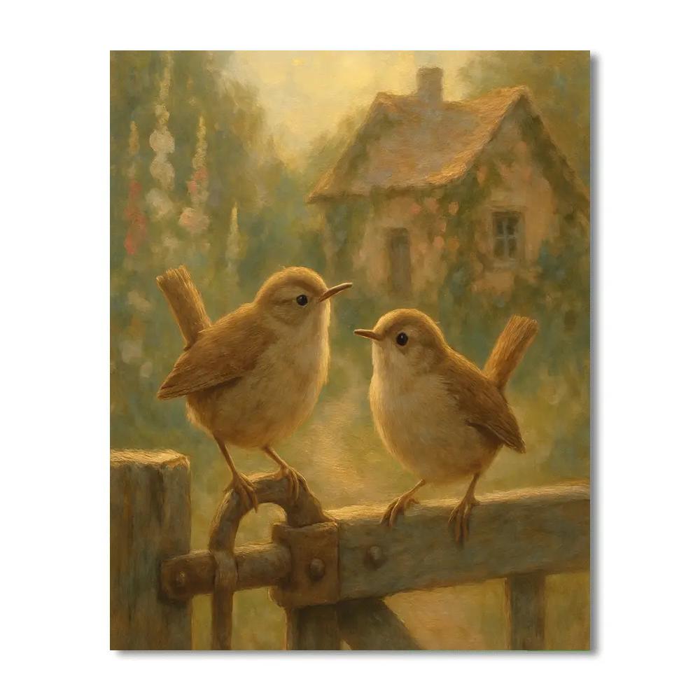 Hearthlight Wrens At The Cottage Gate paint by color