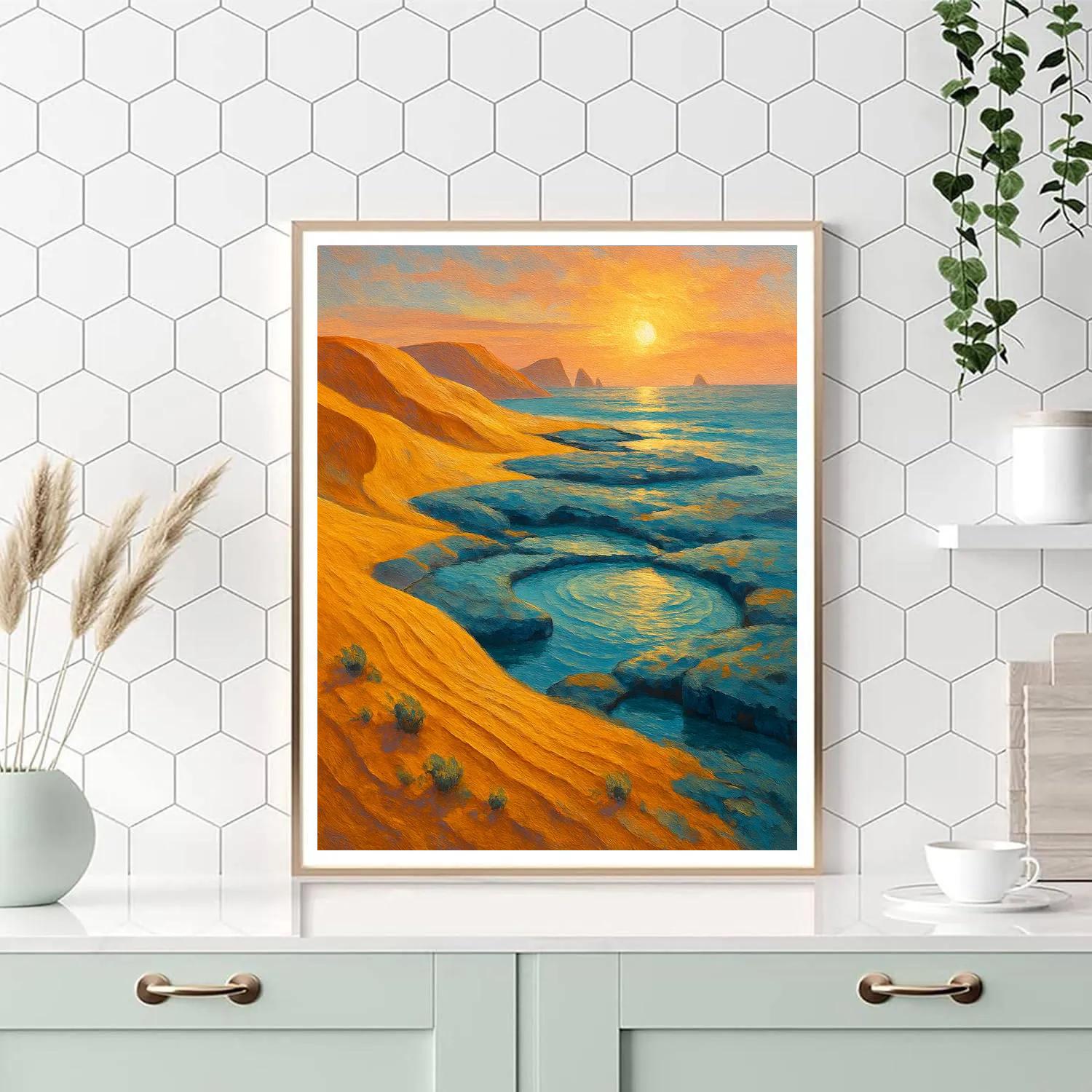 Sunrise Over The Saffron Dunes And Blue Rock Pools paint by color