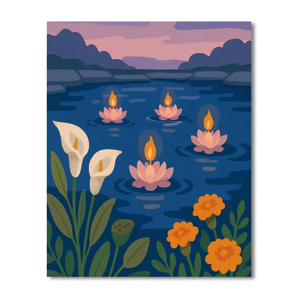 Riverbank Lanterns With Flowers painting number kit