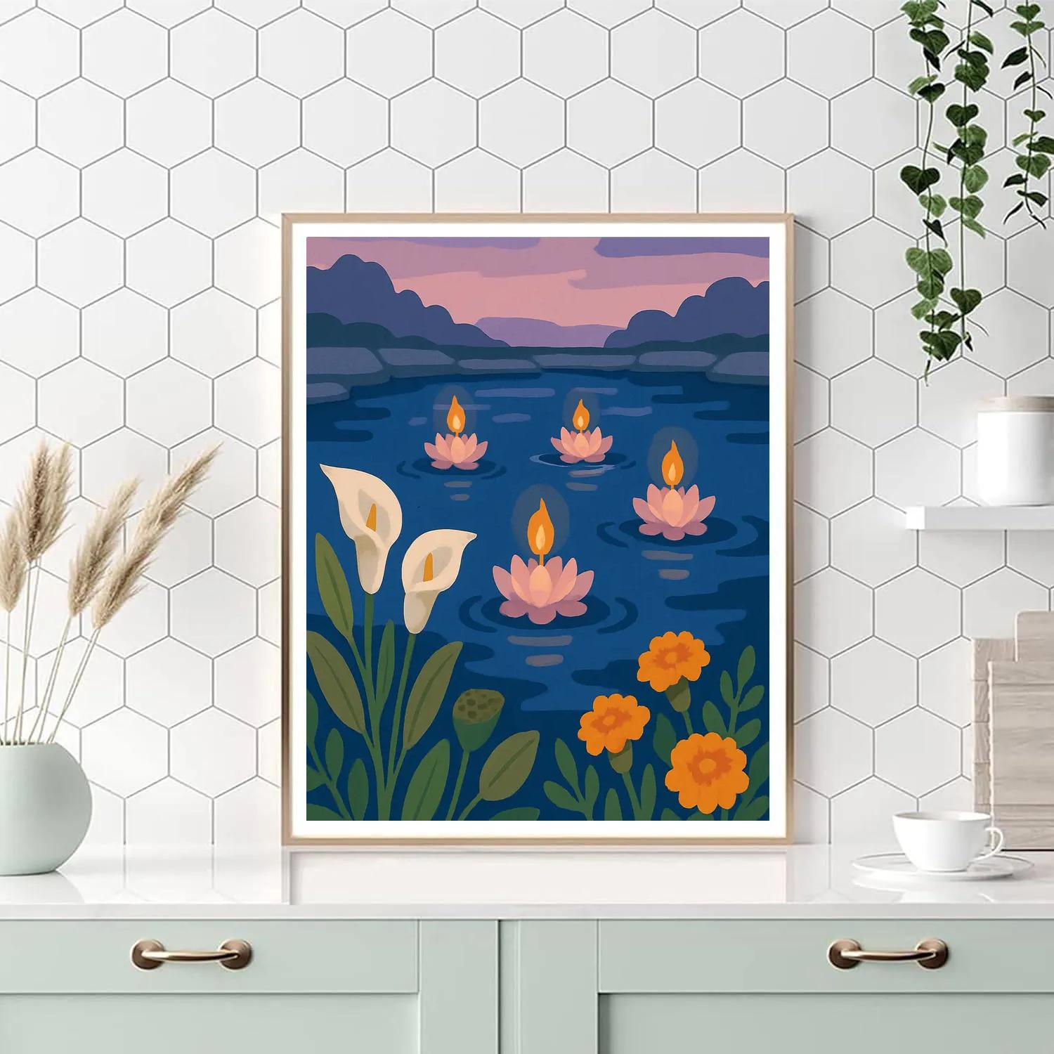 Riverbank Lanterns With Flowers painting number kit