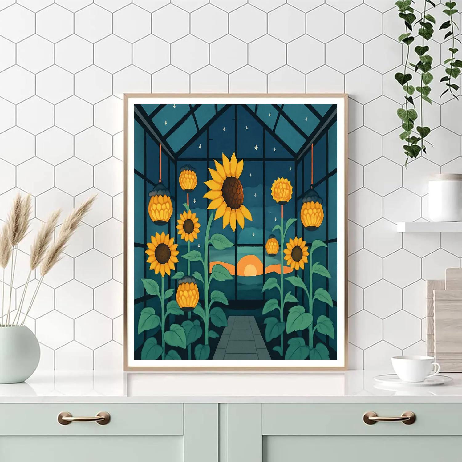 Midnight Glasshouse With Sunflower Lanterns Number painting