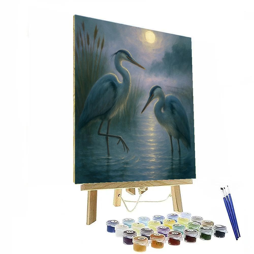 Moonlit Herons In The Reed Lantern Mist Painting by numbers kit