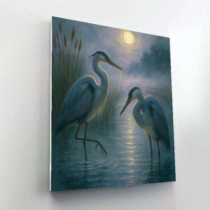 Moonlit Herons In The Reed Lantern Mist Painting by numbers kit