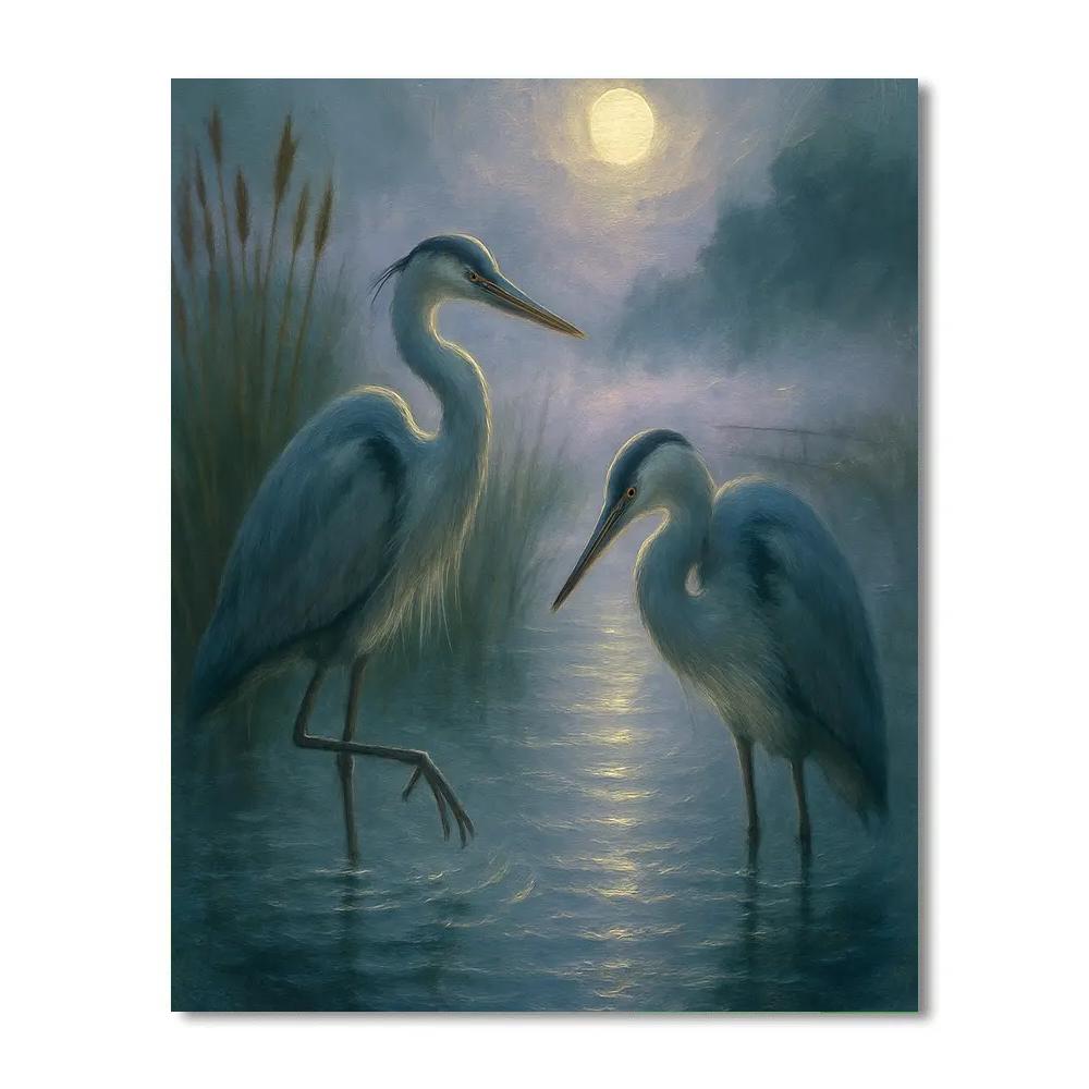 Moonlit Herons In The Reed Lantern Mist Painting by numbers kit