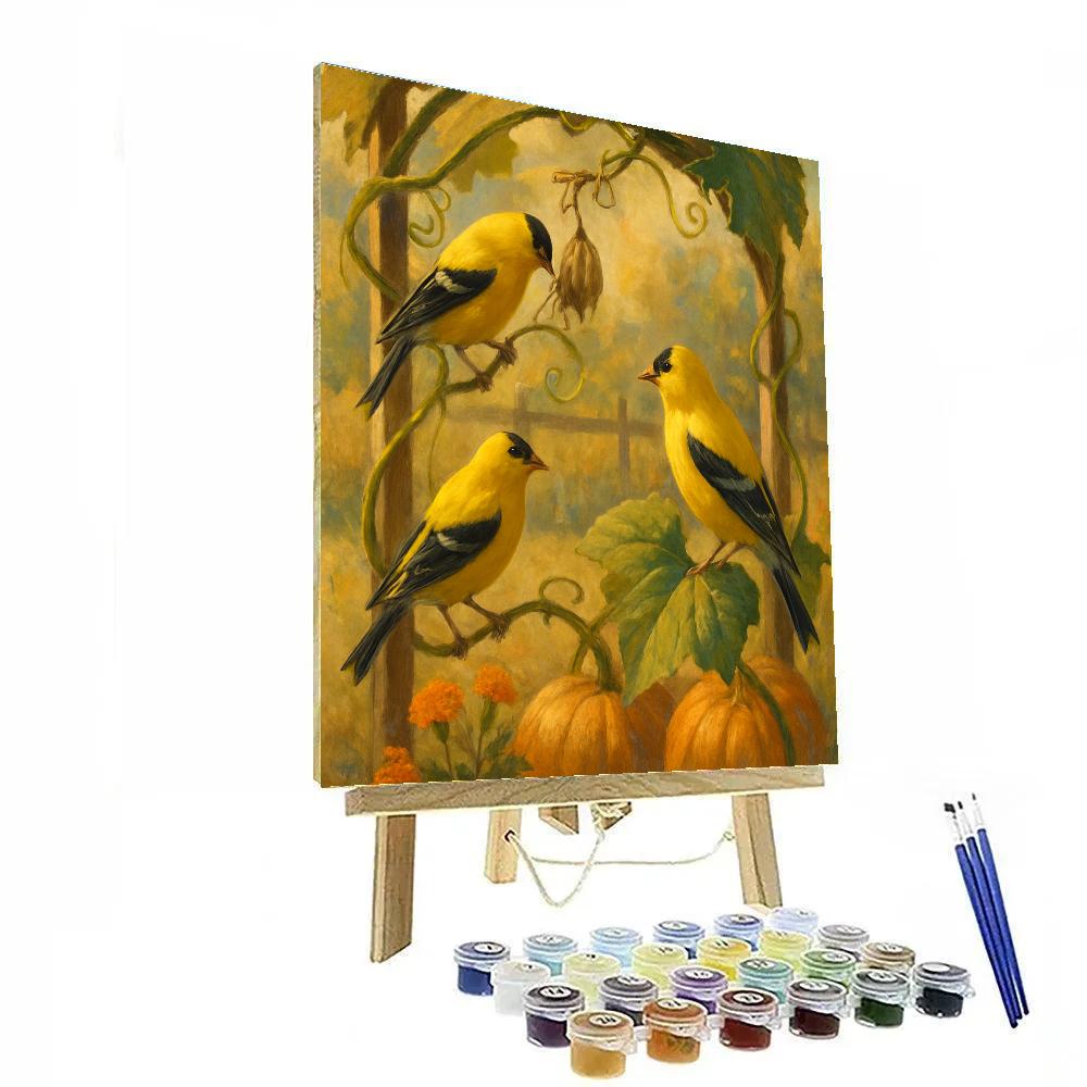 Sunwarmed Goldfinches On The Pumpkin Vine Arbor Number painting