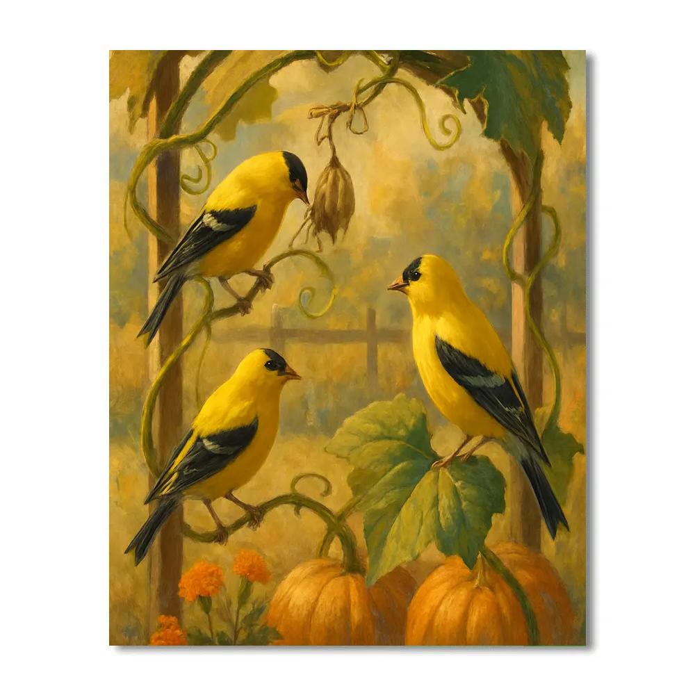 Sunwarmed Goldfinches On The Pumpkin Vine Arbor Number painting