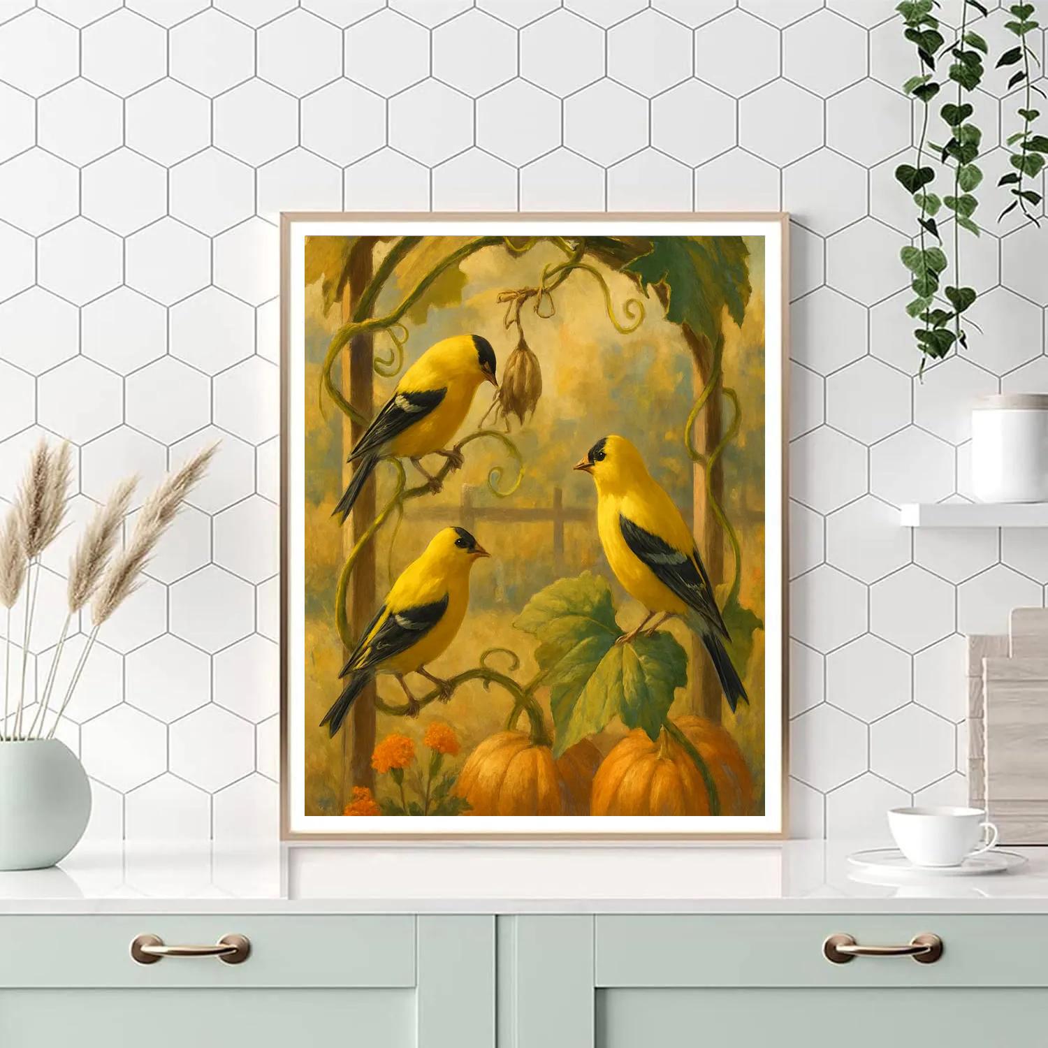 Sunwarmed Goldfinches On The Pumpkin Vine Arbor Number painting