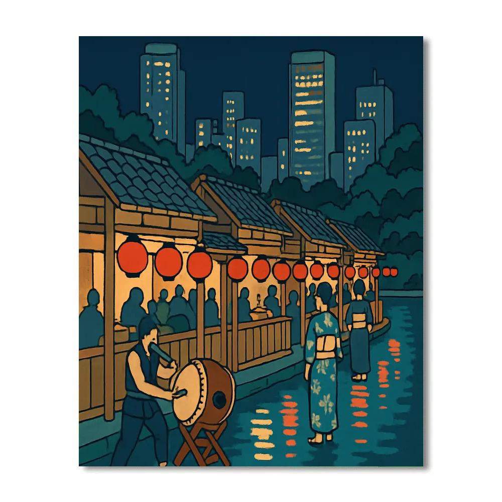 Neon Riverfront Japan Night Bazaar Number painting