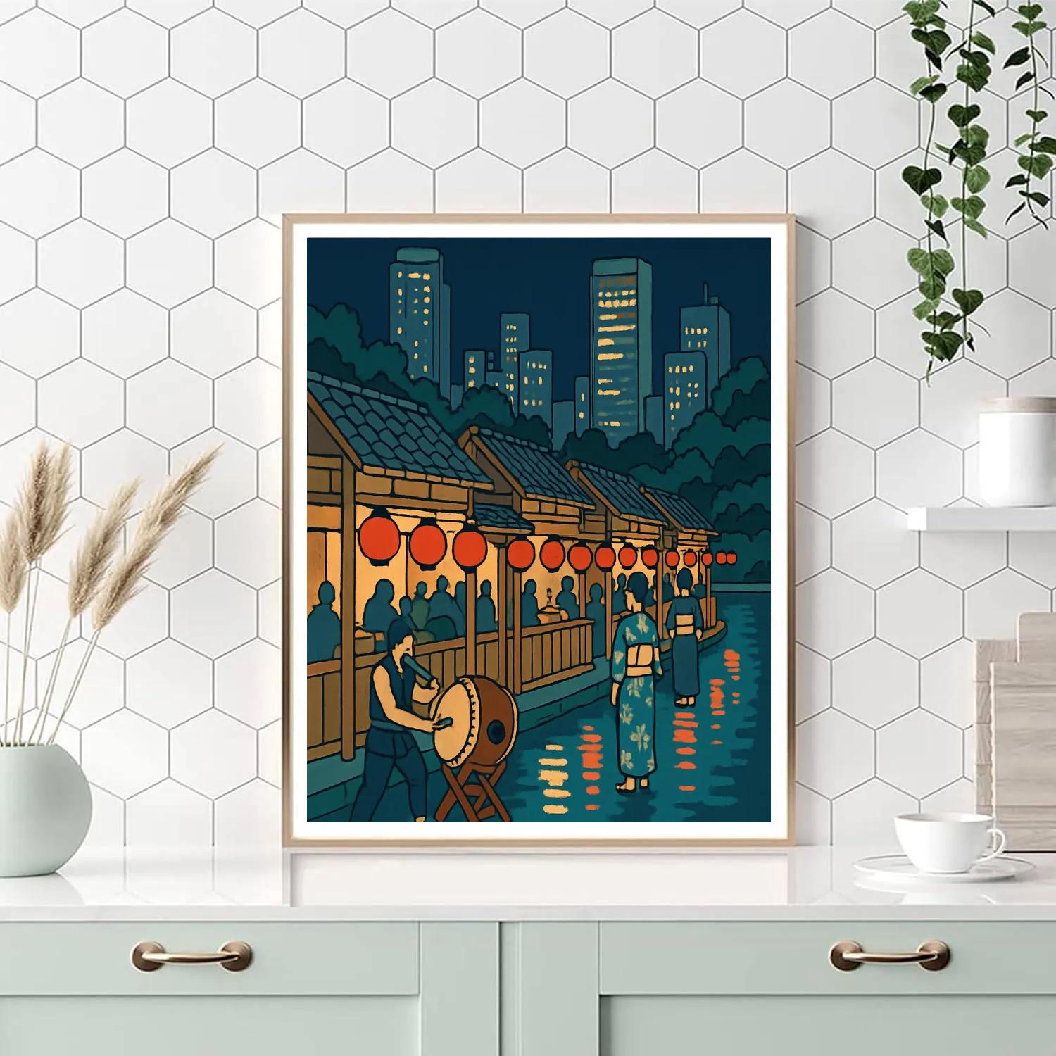 Neon Riverfront Japan Night Bazaar Number painting