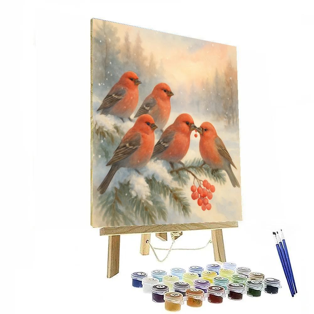 Snowy Branch Tea Time For Pine Grosbeaks paint by color