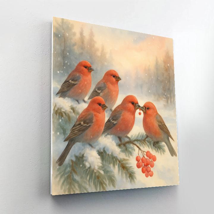 Snowy Branch Tea Time For Pine Grosbeaks paint by color