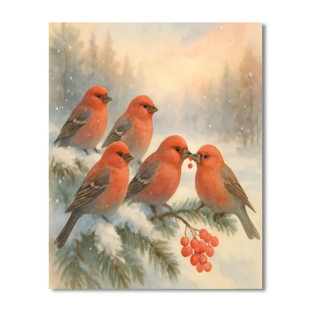 Snowy Branch Tea Time For Pine Grosbeaks paint by color