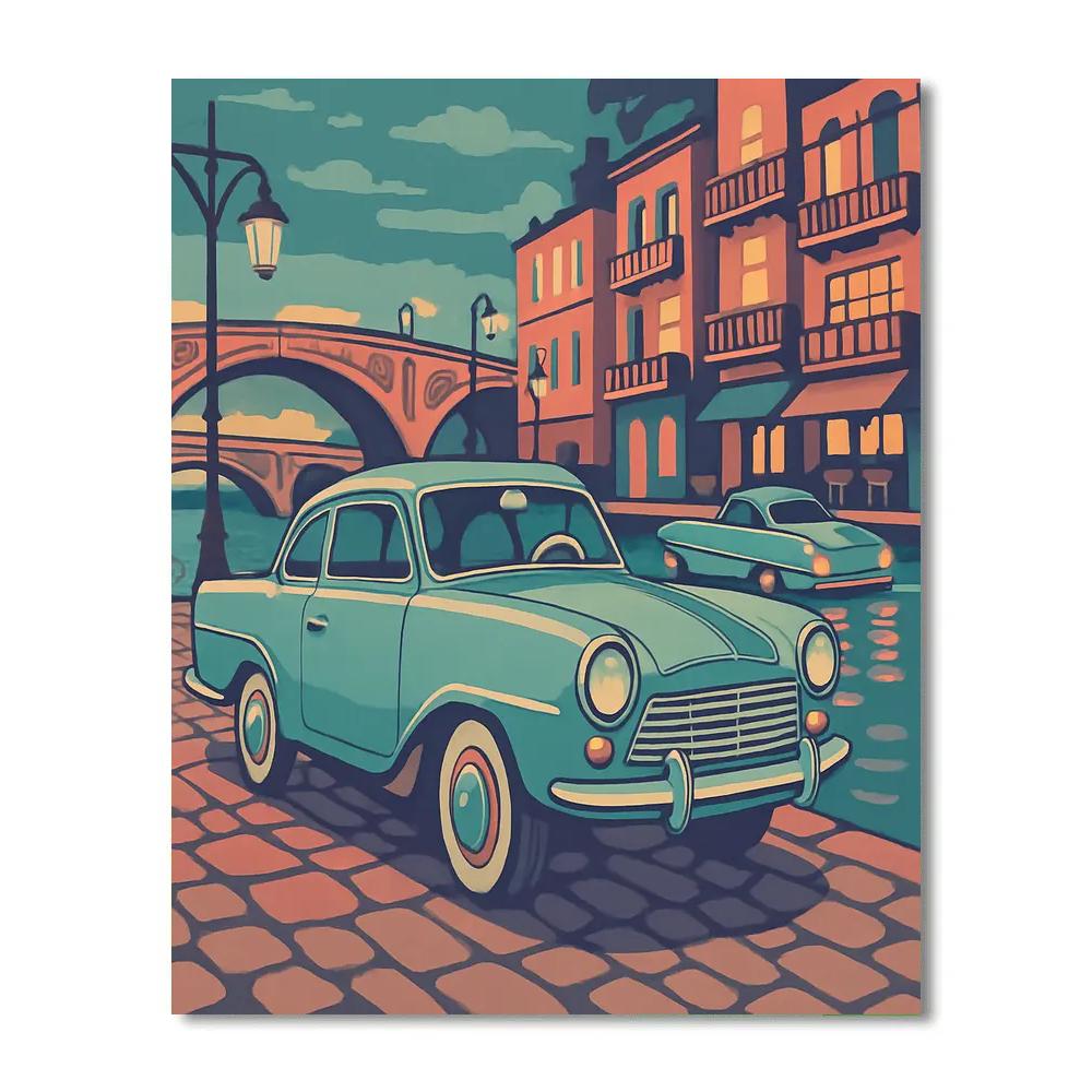 Canal City Promenade With Vintage Cars paint by color