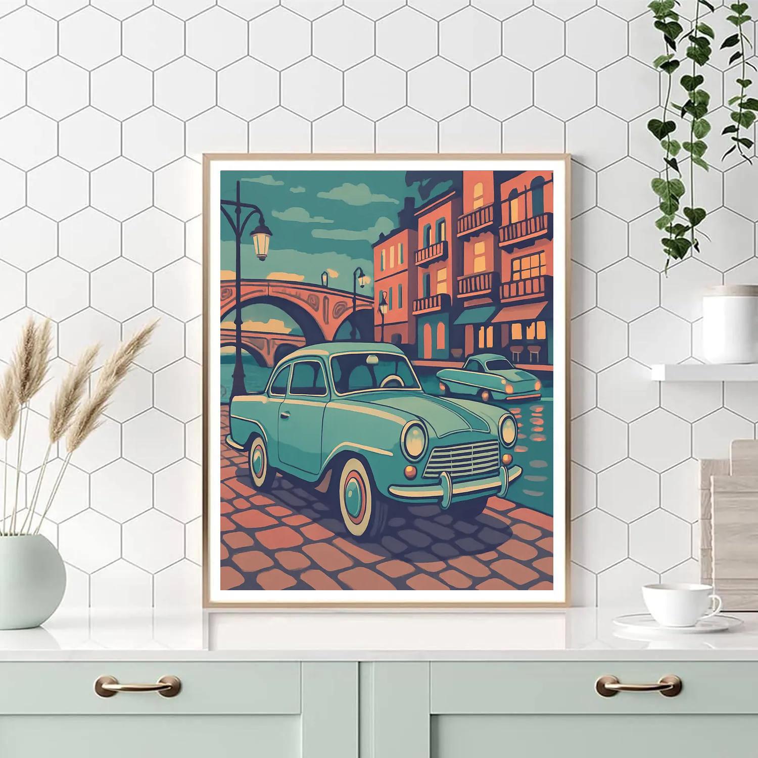 Canal City Promenade With Vintage Cars paint by color