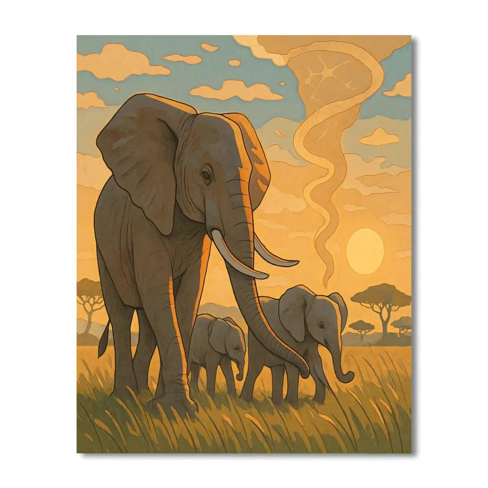 Grassland Dawn With Elephant paint by color