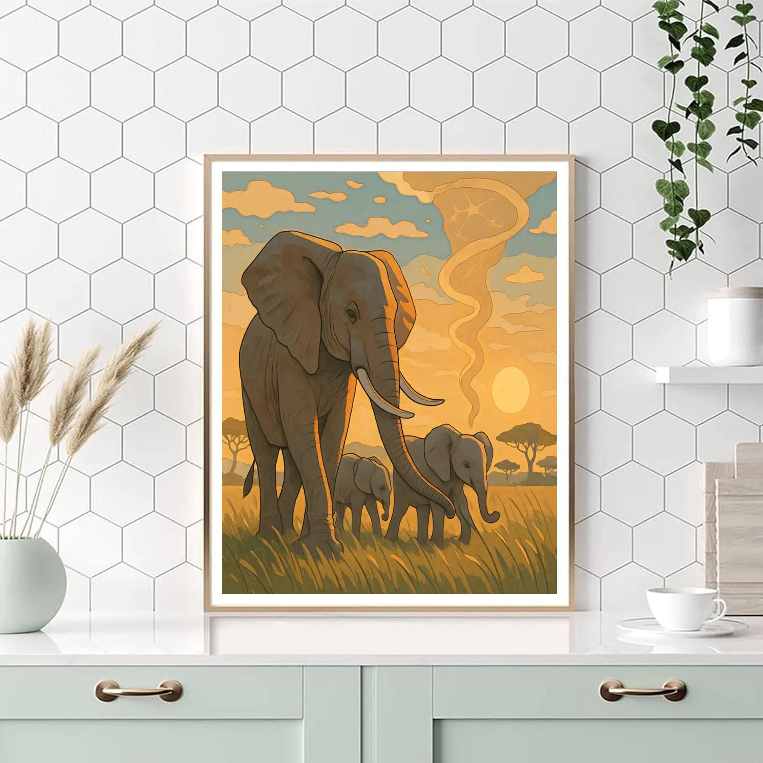 Grassland Dawn With Elephant paint by color