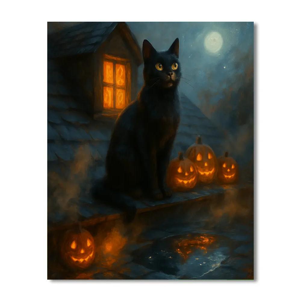 Black Cat Stargazer On The Attic Roof Numbered painting kits