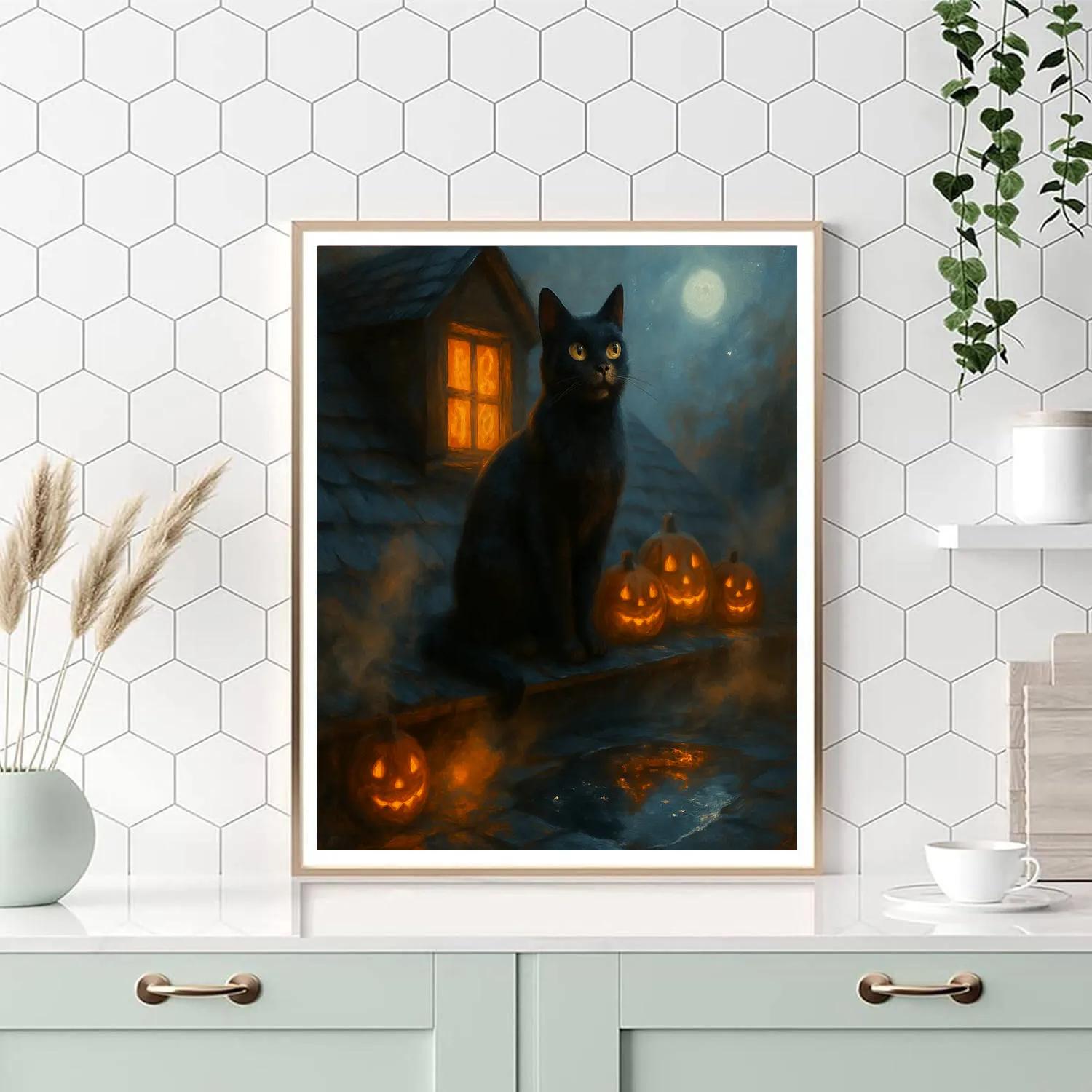 Black Cat Stargazer On The Attic Roof Numbered painting kits