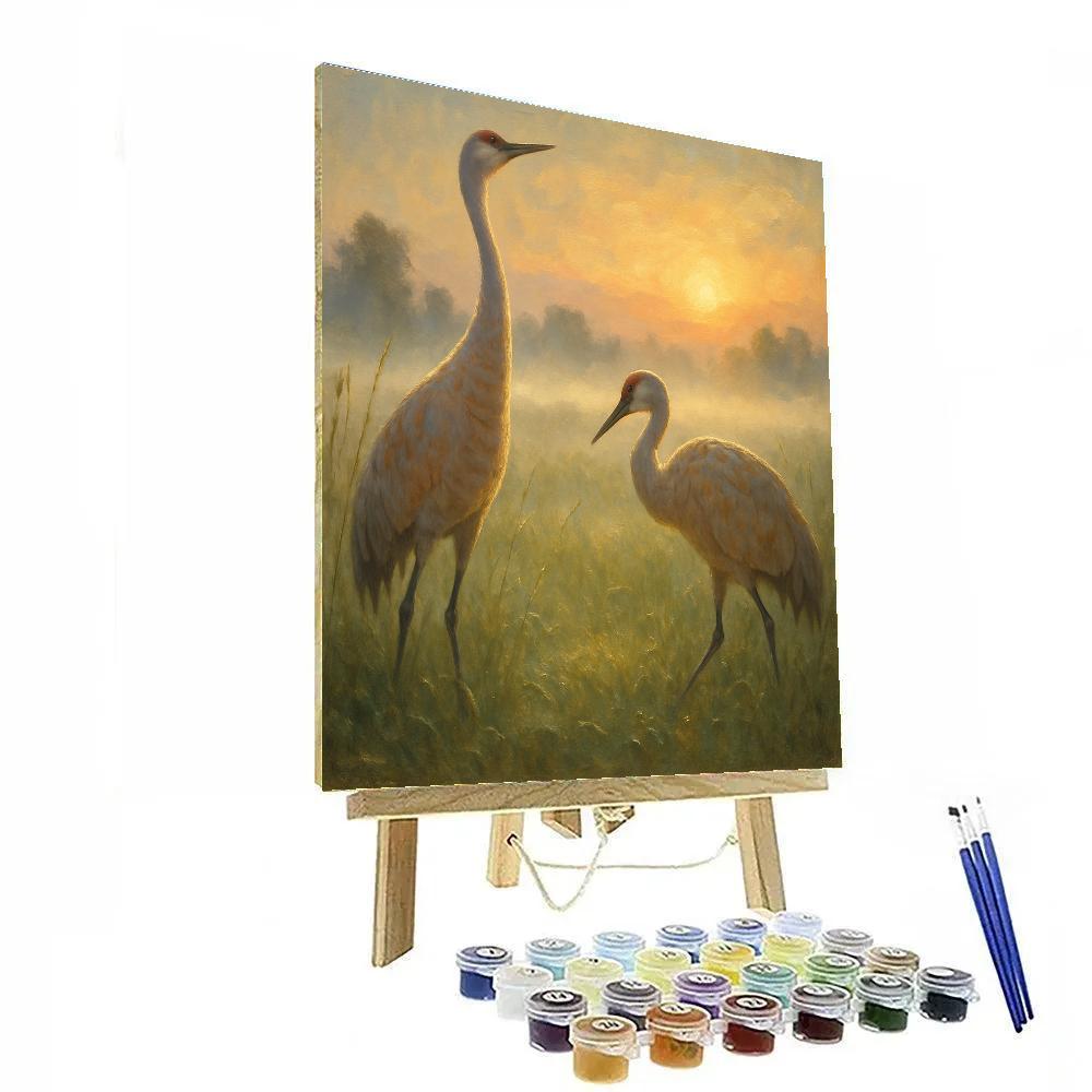 Pastel Dawn Cranes In The Meadow Fog Painting by numbers kit