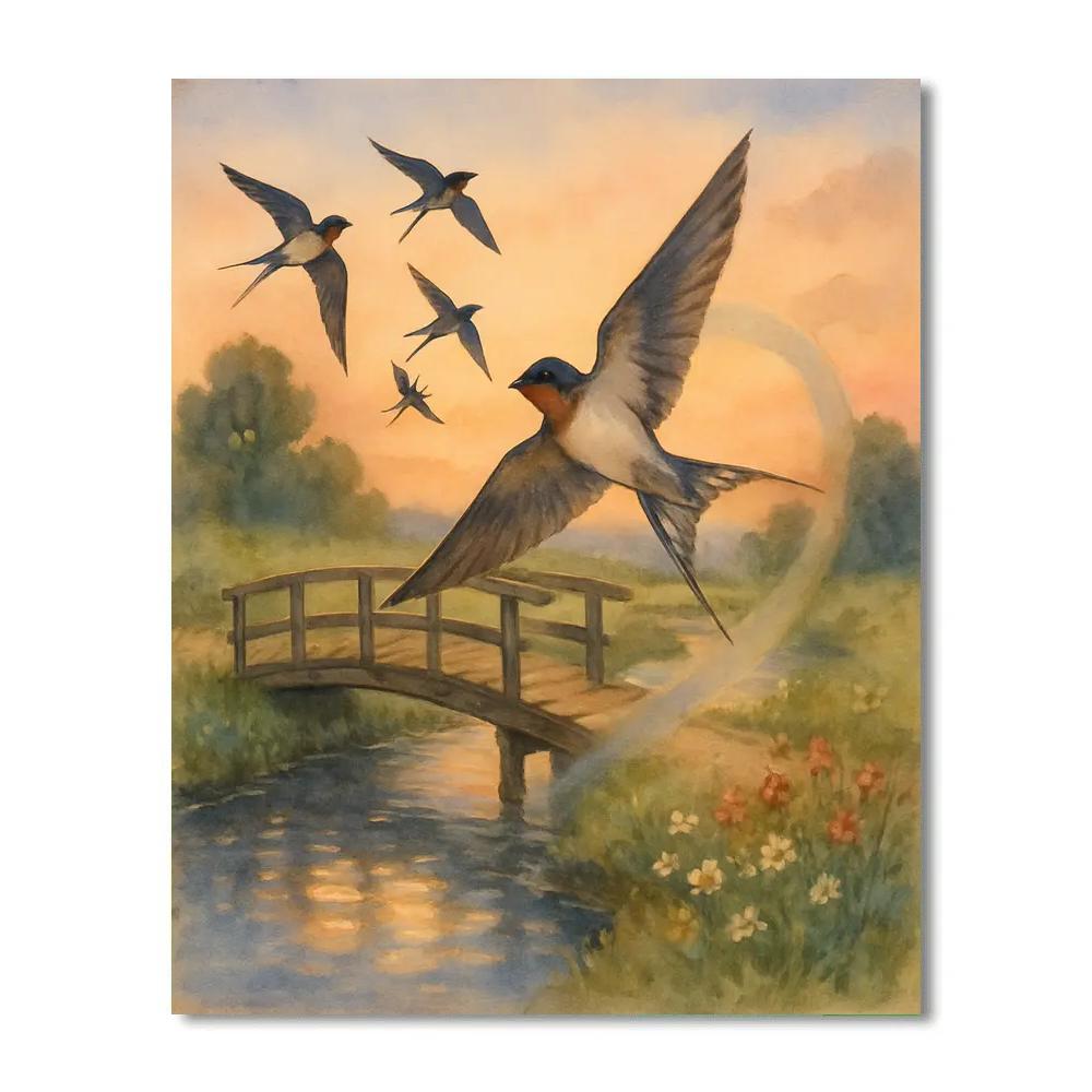 Swallowtail Evening With Barn Swallows At The Bridge Paint by numbers kits