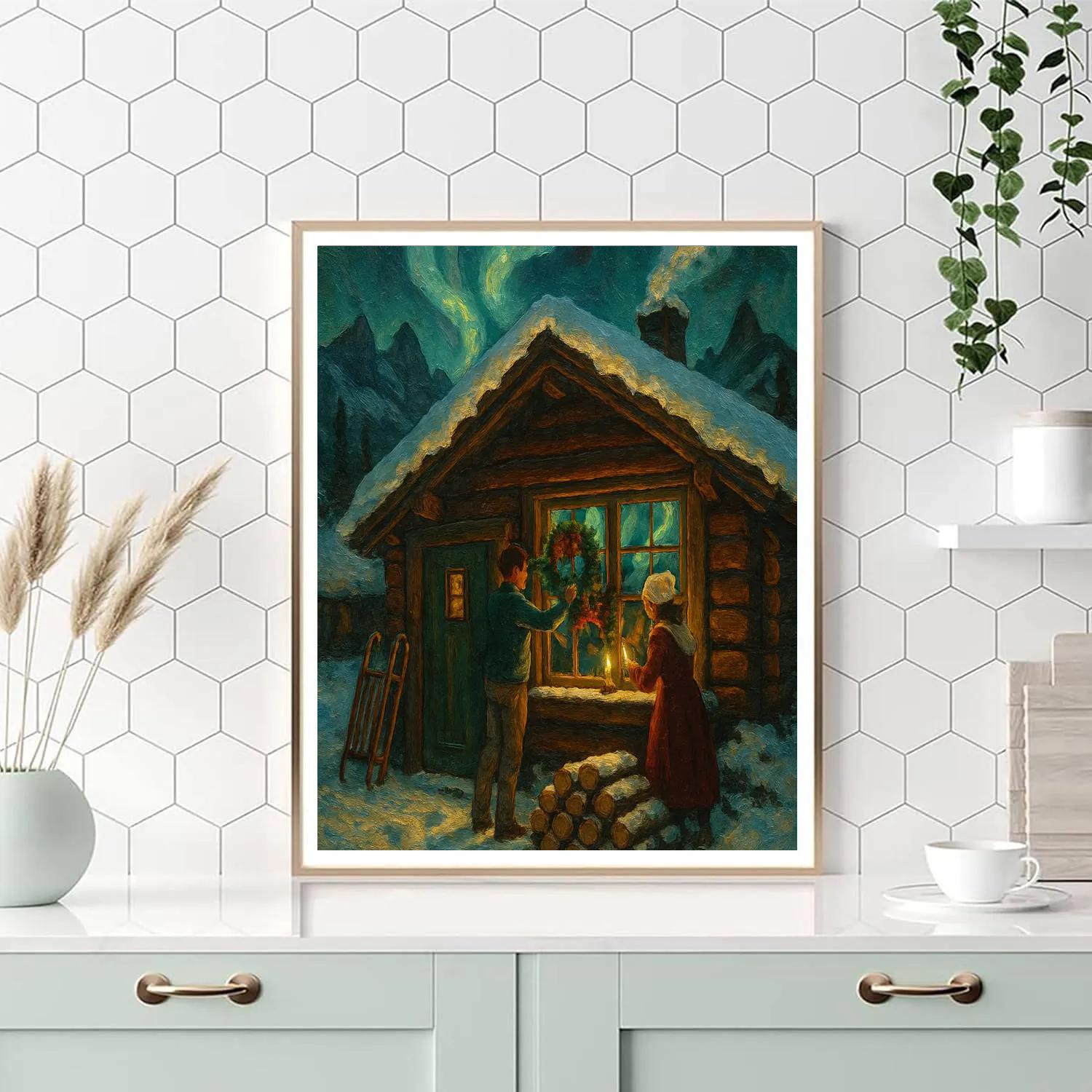 Mountain Chalet With Northern Light Windowpanes Number painting