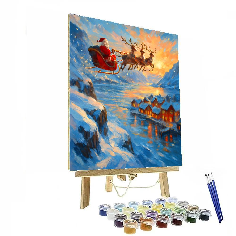 Santa Sleigh Over The Sunlit Fjord paint by color