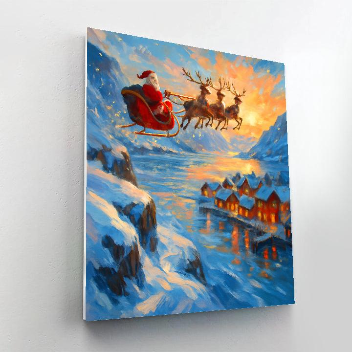 Santa Sleigh Over The Sunlit Fjord paint by color