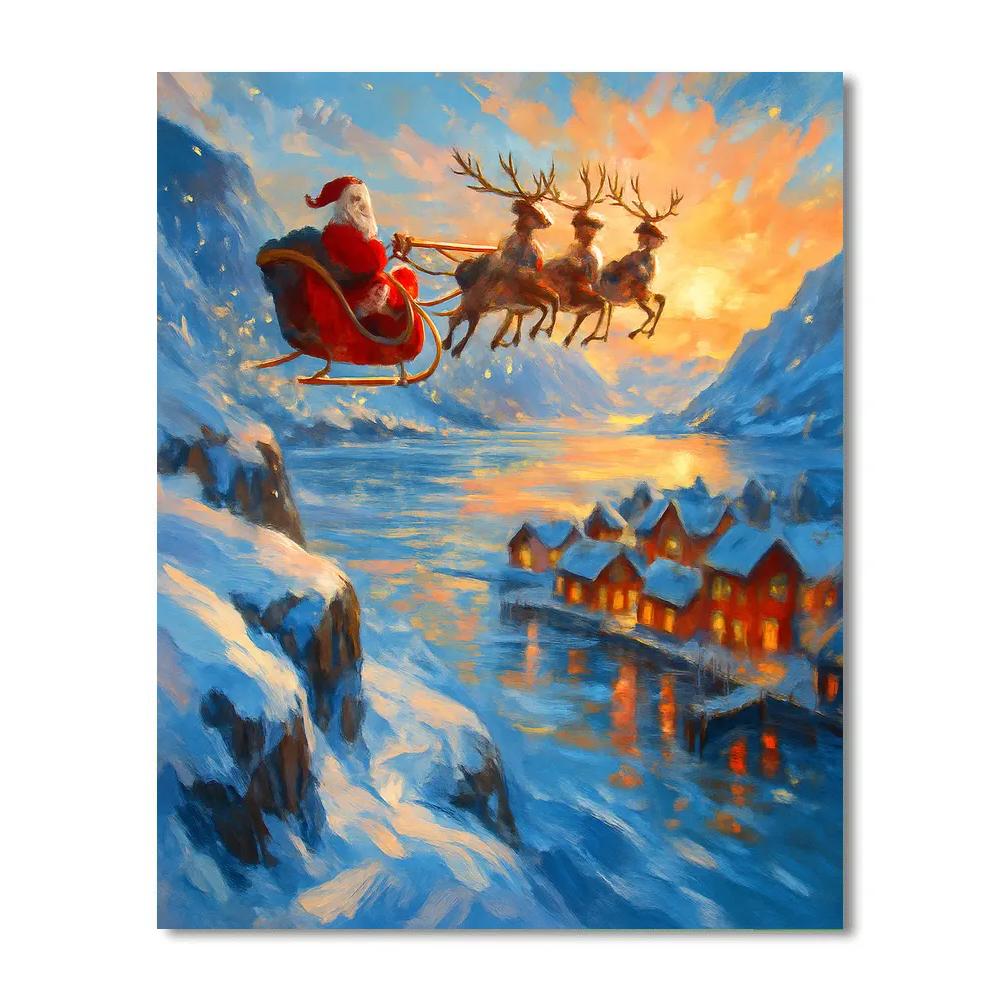 Santa Sleigh Over The Sunlit Fjord paint by color