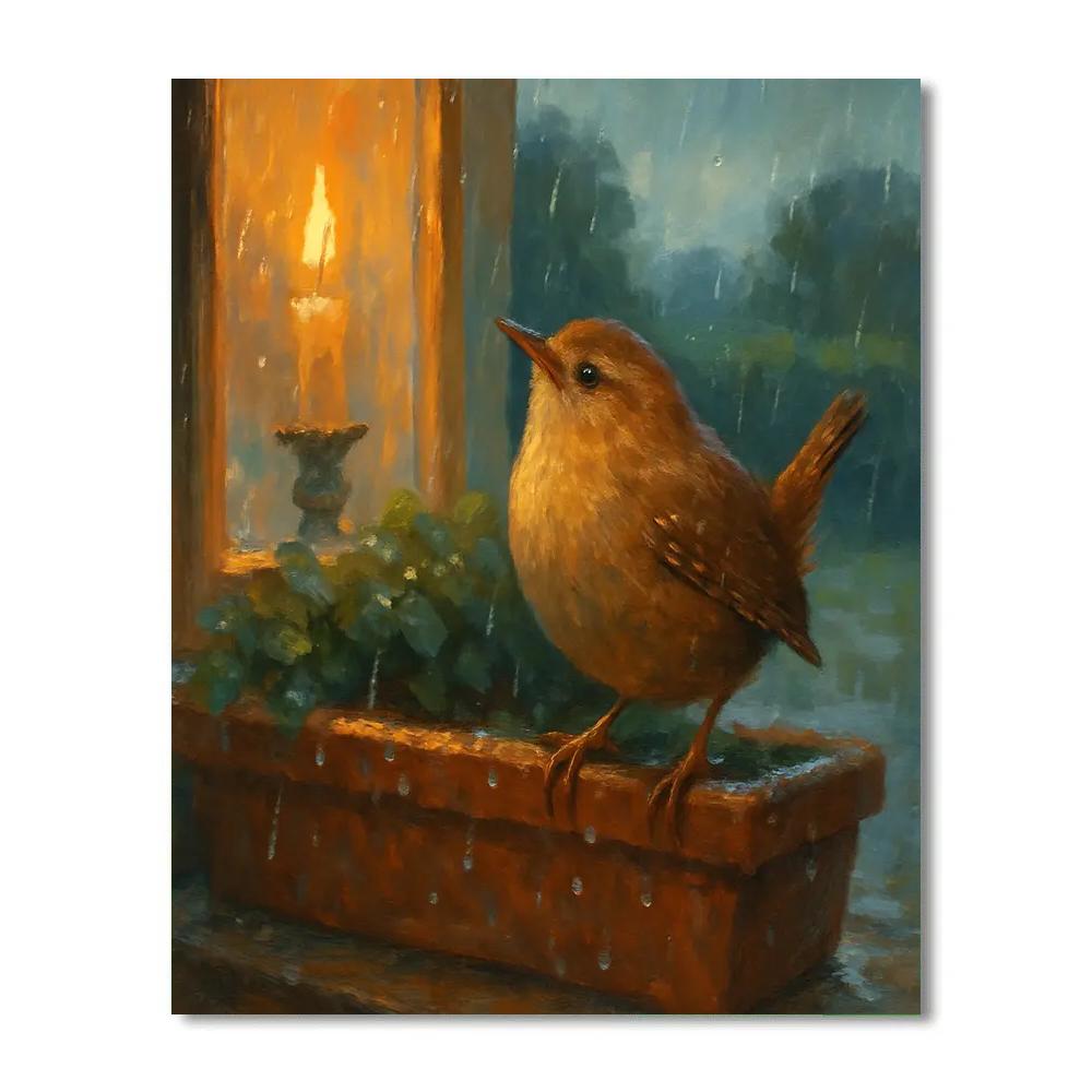 Candlelit Windowsill And The Rain Softened Wren paint by number