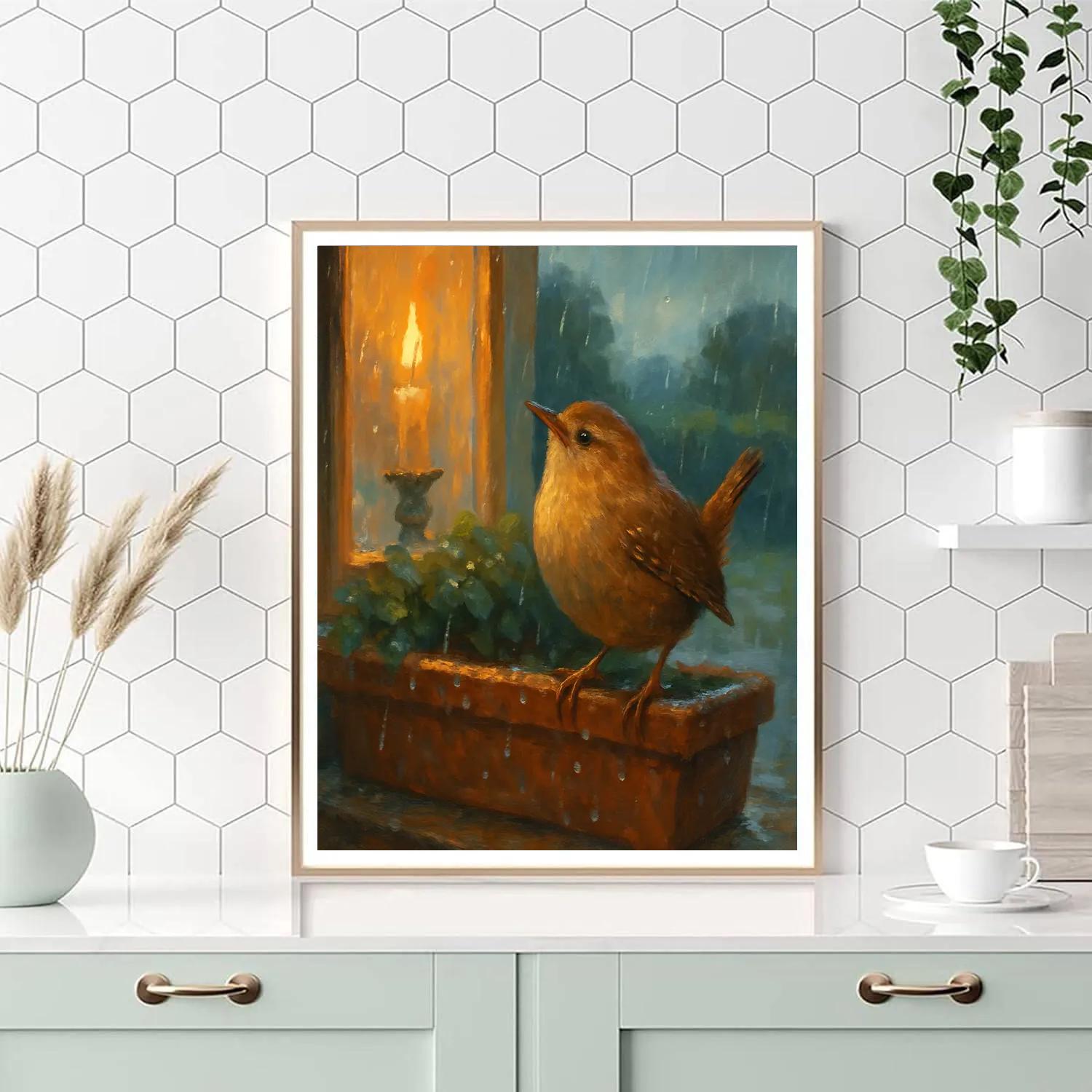 Candlelit Windowsill And The Rain Softened Wren paint by number