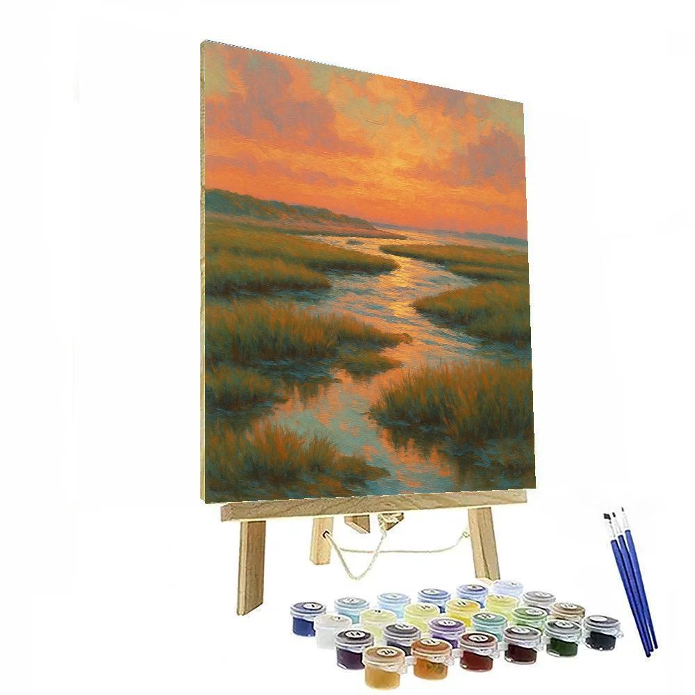 Coral Dusk Over The Salt Marsh Inlet Paint by numbers art