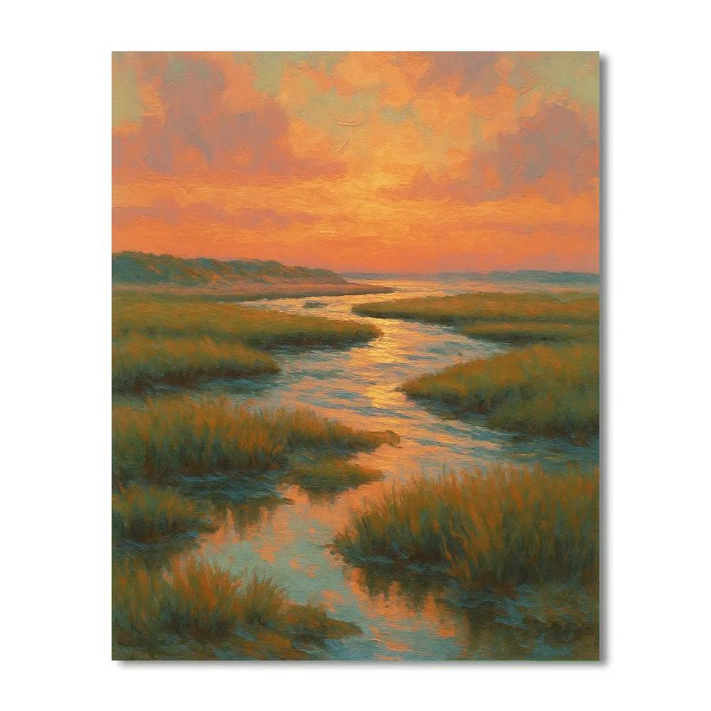 Coral Dusk Over The Salt Marsh Inlet Paint by numbers art
