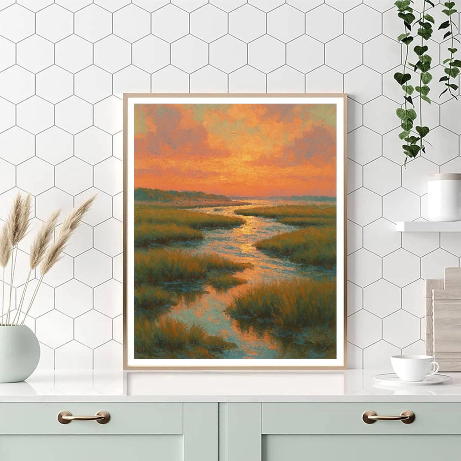 Coral Dusk Over The Salt Marsh Inlet Paint by numbers art